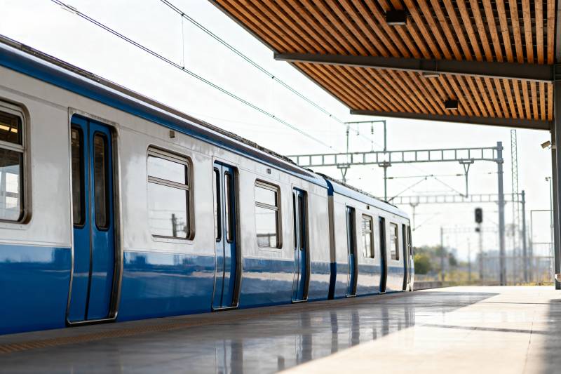 蓝白列车停靠站台图片