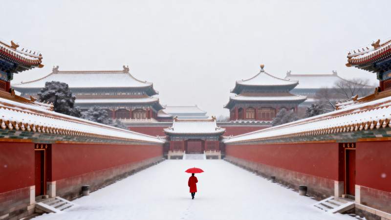 雪中红伞行宫道图片