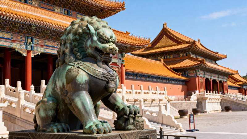 故宫铜狮守殿前图片