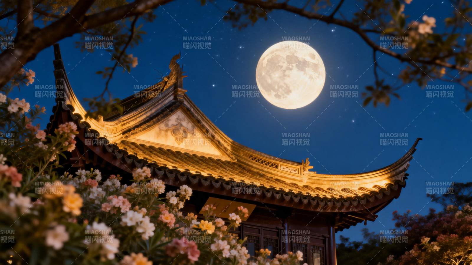 月下古亭花影图片