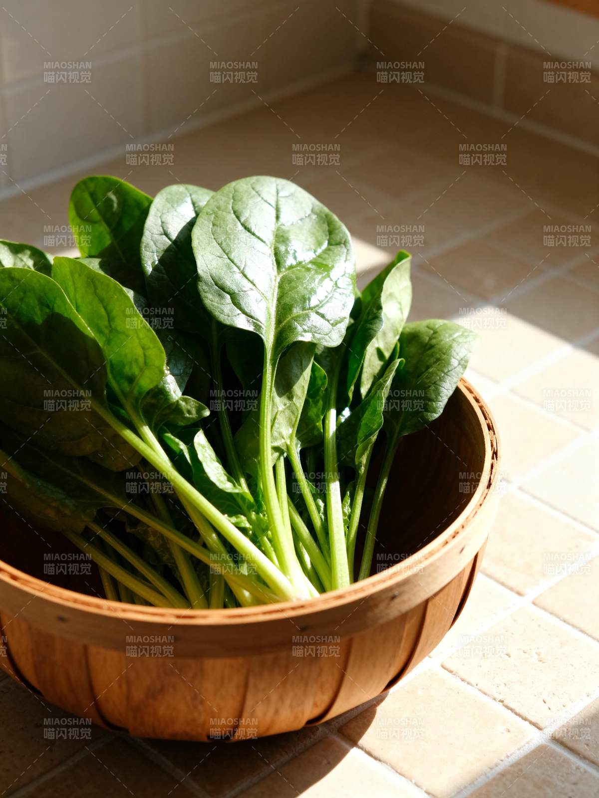 新鲜菠菜置于木篮图片