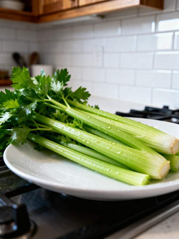 新鲜芹菜静置盘中图片