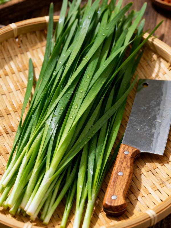 新鲜韭菜配菜刀图片