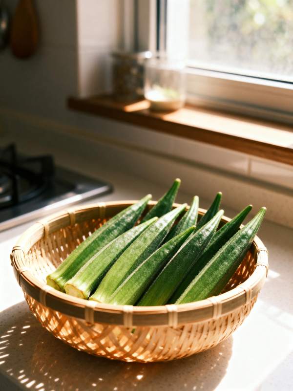 秋葵静置于竹篮中图片