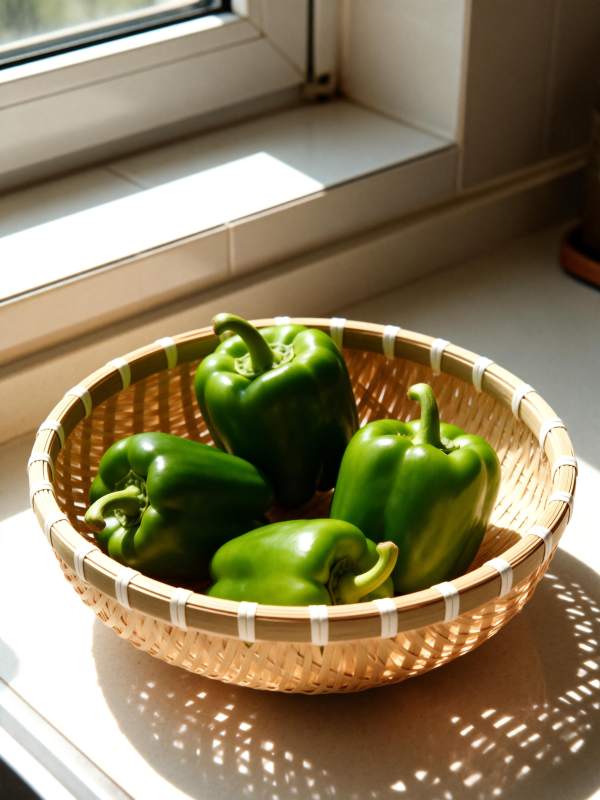 绿椒静置竹篮中图片
