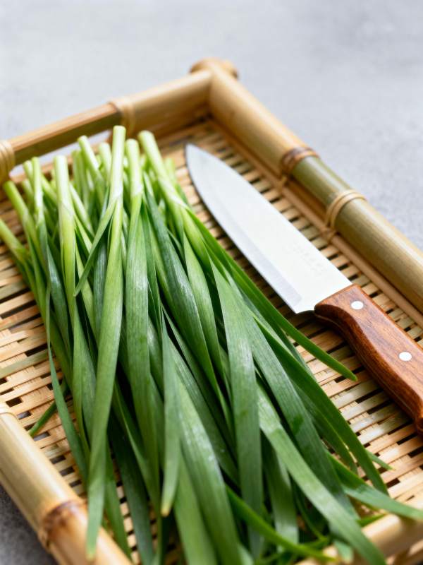 青葱与刀具静置竹盘图片