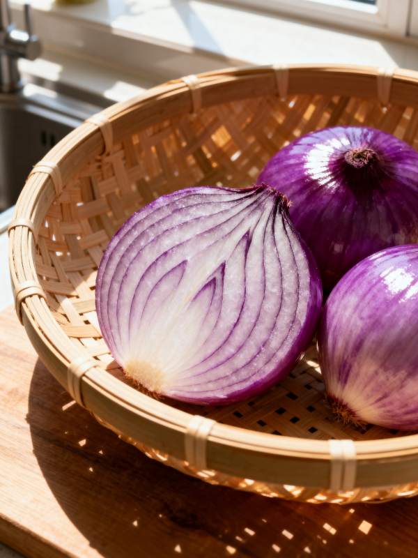 紫洋葱静置竹篮图片