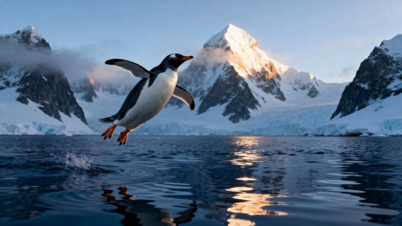 企鹅跃水雪山映图片
