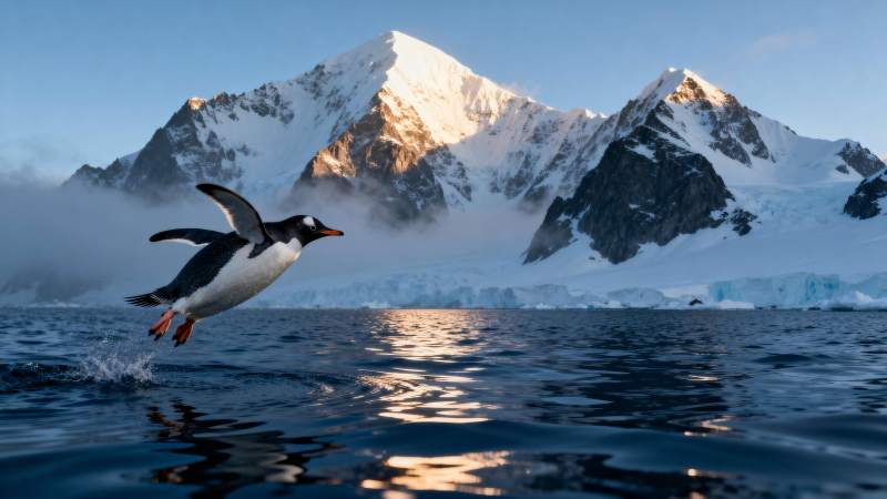 企鹅跃海雪山背景图片