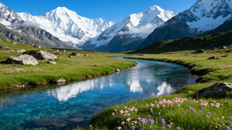 雪山映溪流图片