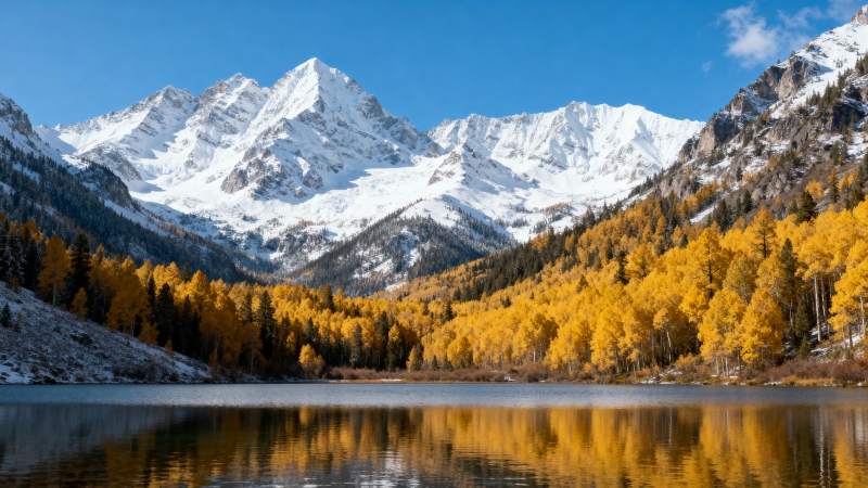 雪山秋湖美景图片