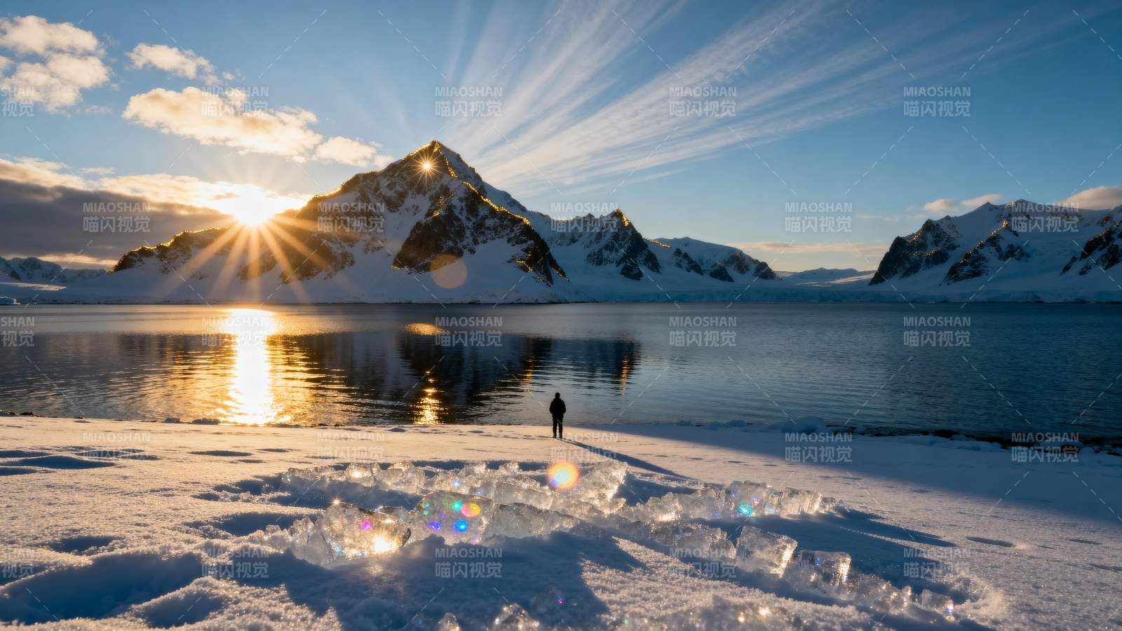 雪峰映日 孤影湖畔图片