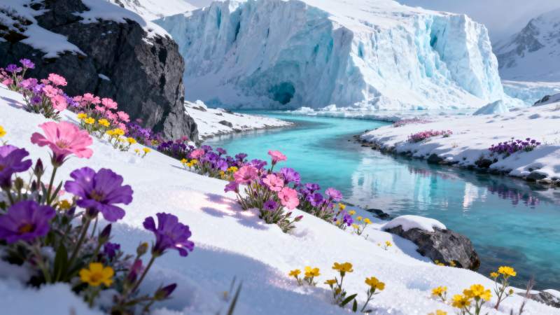 雪原花海映冰川图片
