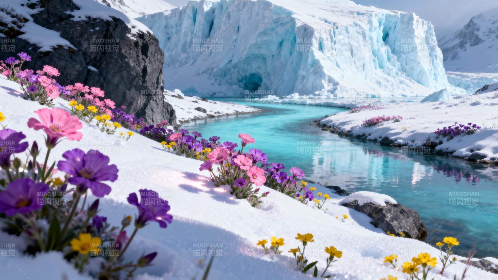 雪原花海映冰川图片