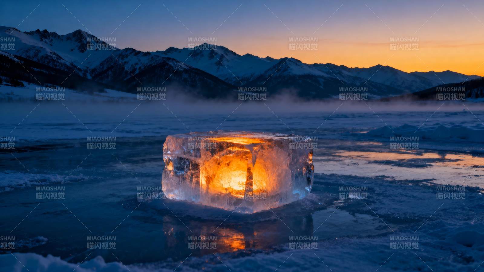 冰中暖光映雪山图片