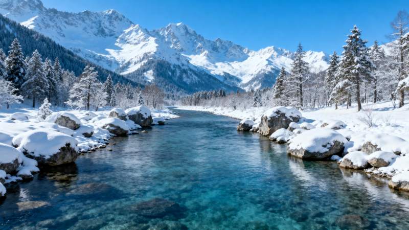 雪峰映碧溪图片
