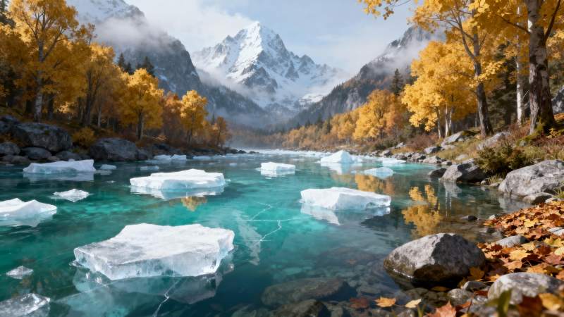 秋山冰河美景图片