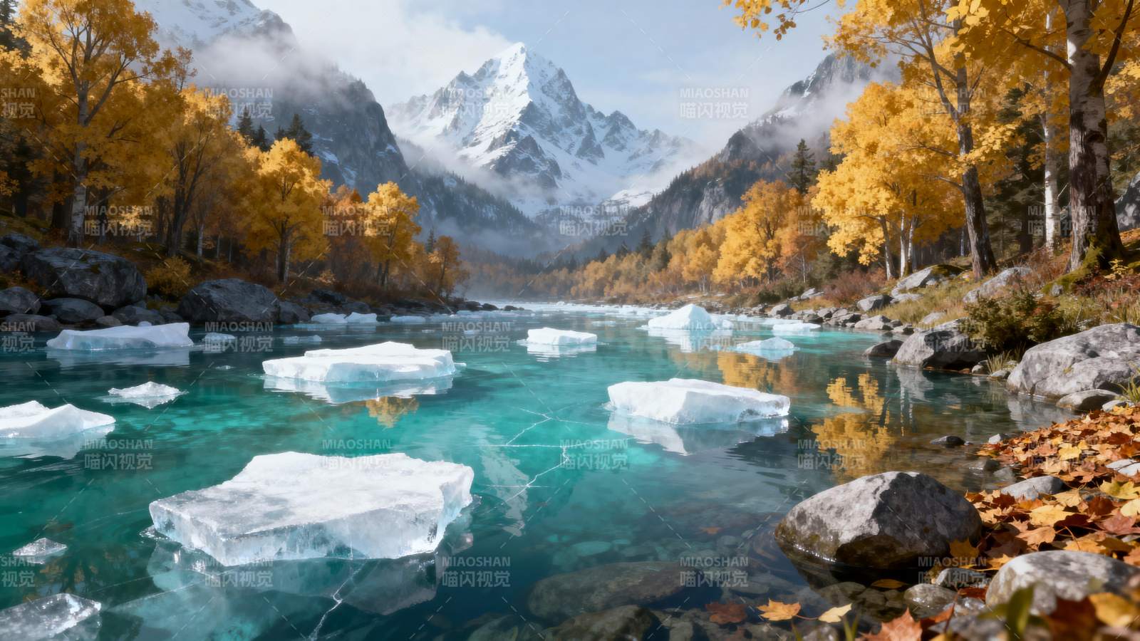 秋山冰河美景图片