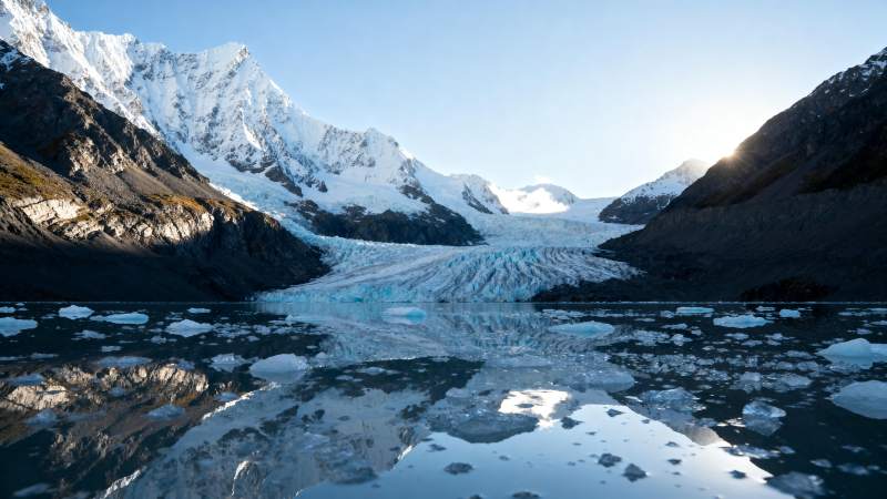 冰川湖畔雪山倒影图片