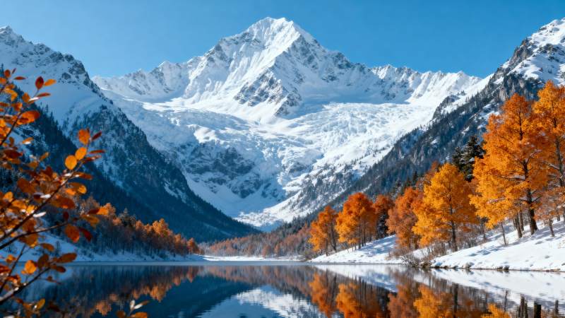 雪山秋湖镜像图片