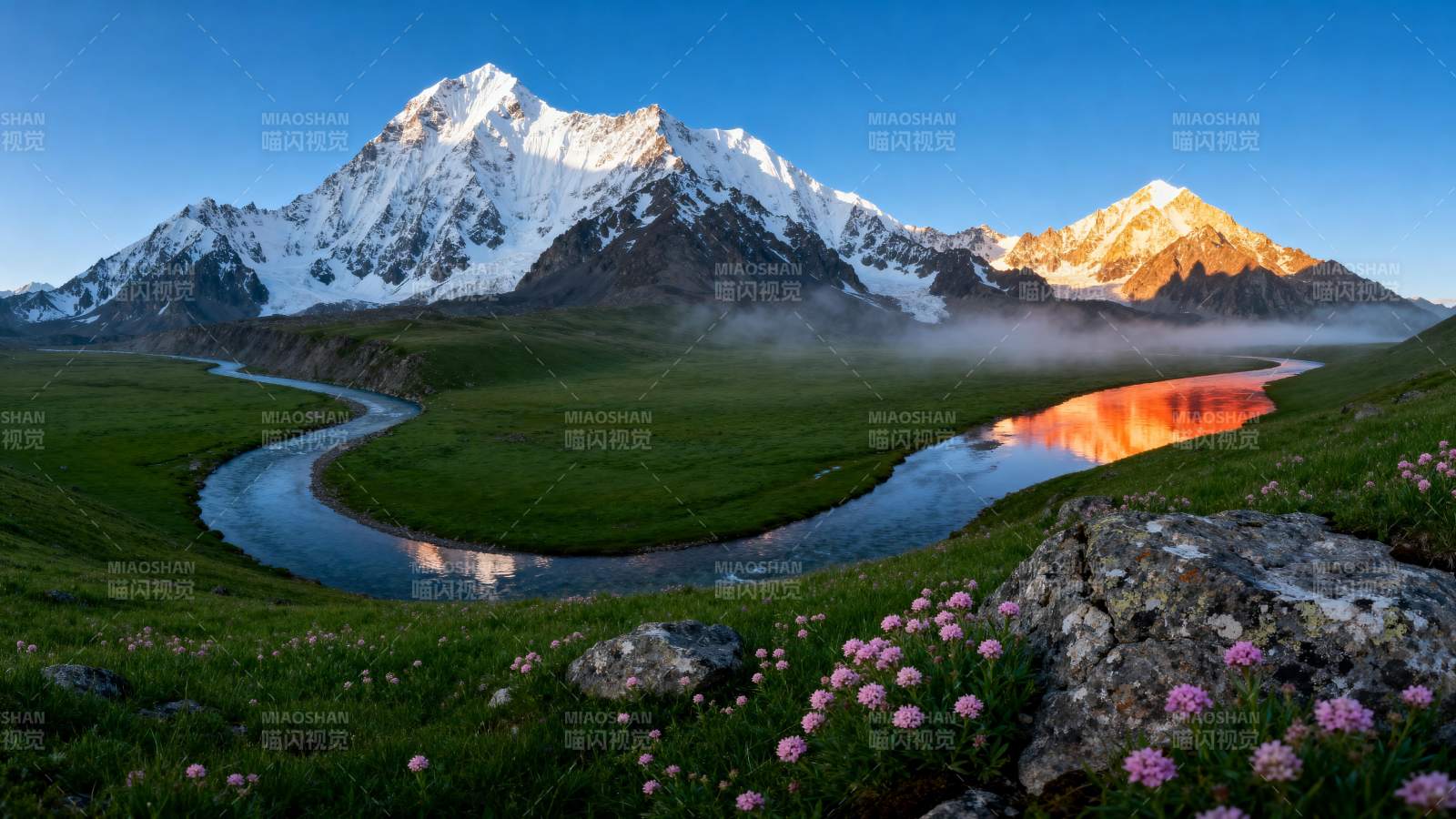 雪山映湖 花海如画图片