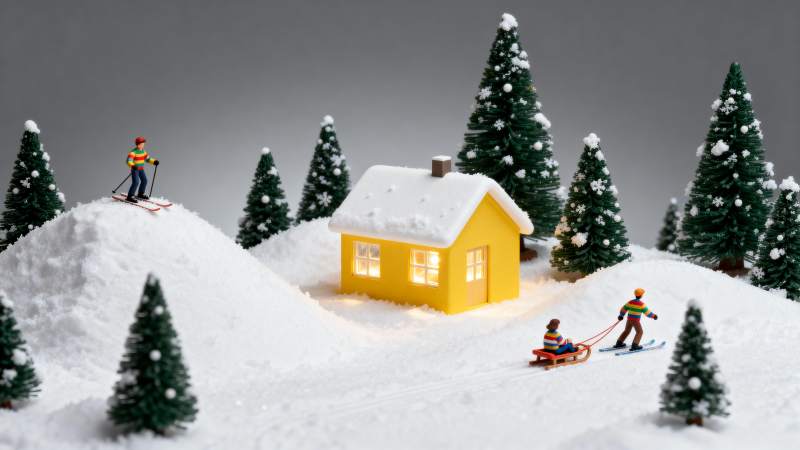 雪景小屋与滑雪人图片