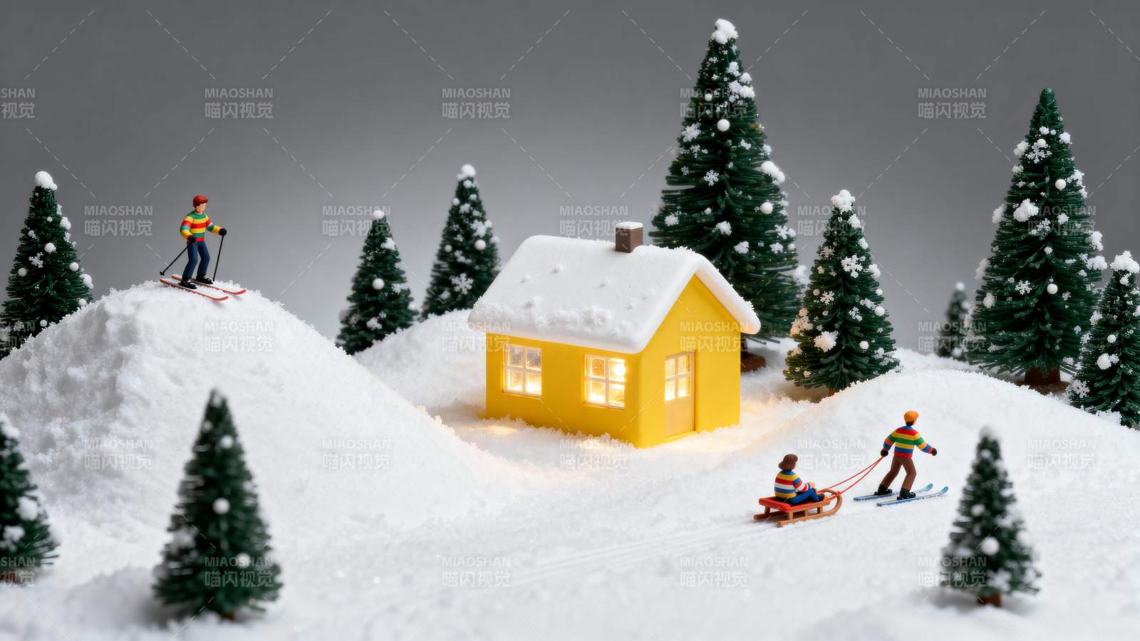 雪景小屋与滑雪人图片