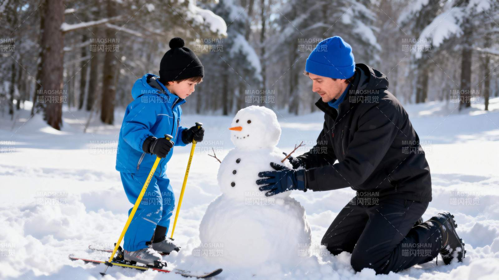 父子堆雪人图片