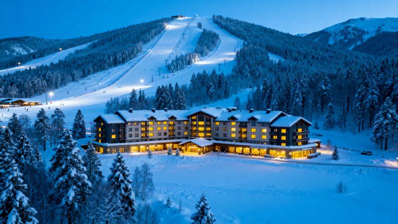 雪夜滑雪度假村图片