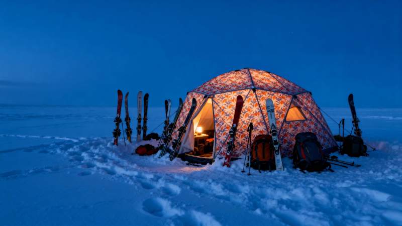 雪夜帐篷滑雪行图片