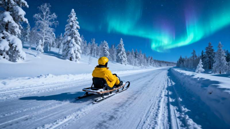极光下的雪地驰骋图片