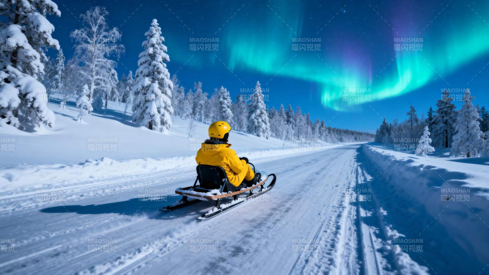 极光下的雪地驰骋图片