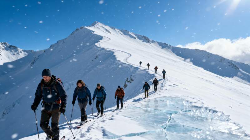 雪山徒步前行图片