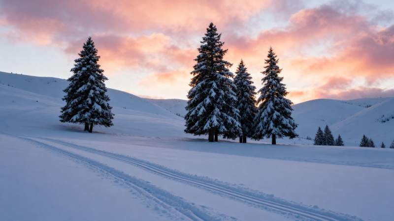 雪原松林日落图片