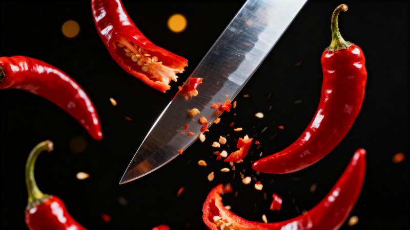 刀切红椒飞溅图片