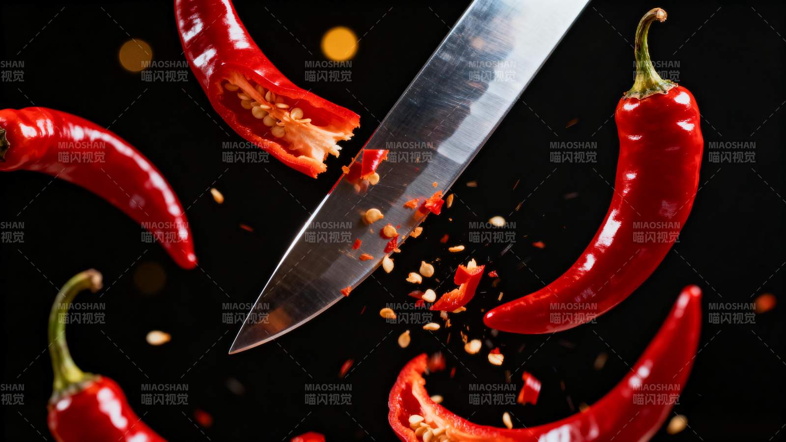 刀切红椒飞溅图片