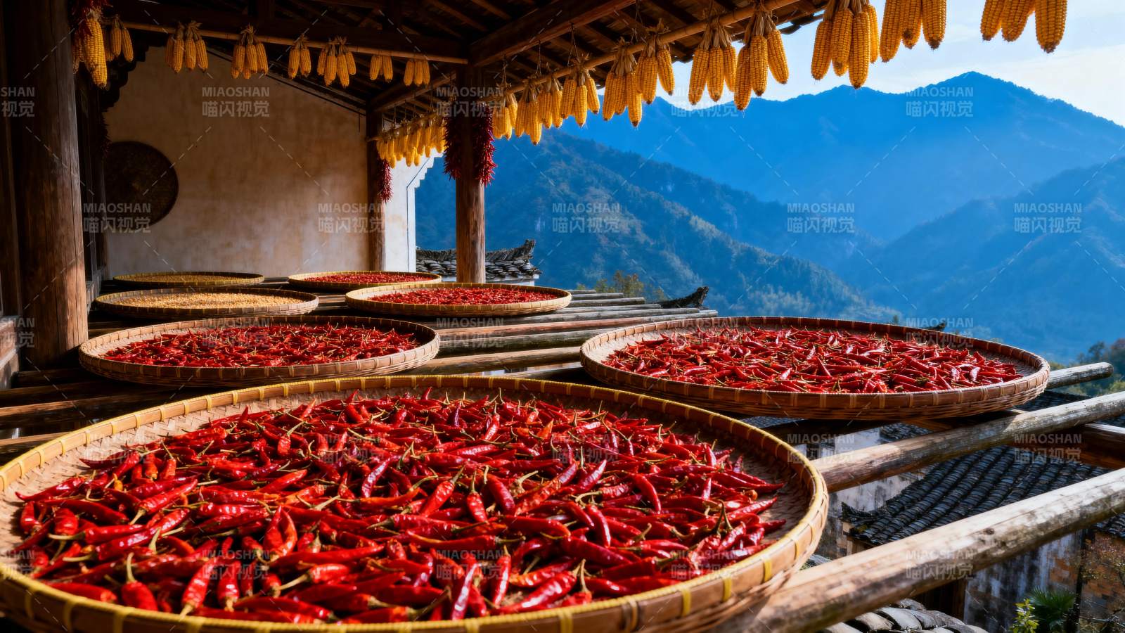 晒辣椒 山间美景图片