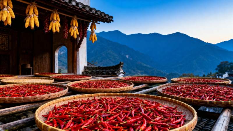 晒辣椒的山间村落图片