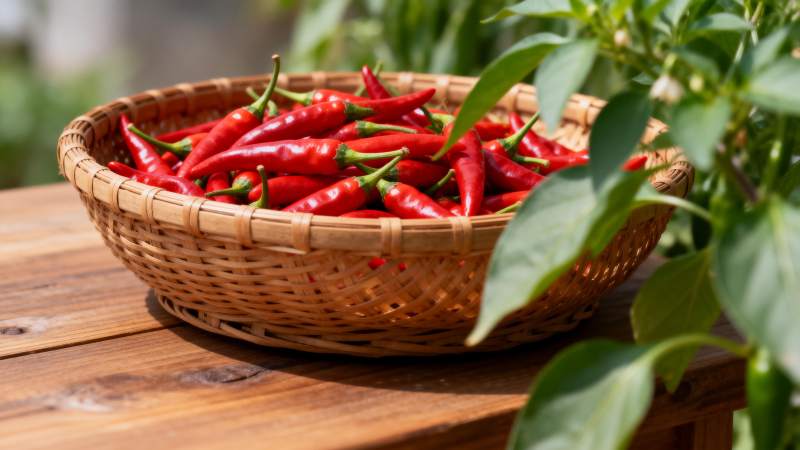 红椒满篮 绿叶相伴图片