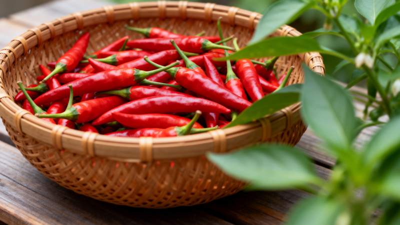 红椒满篮 绿叶相伴图片