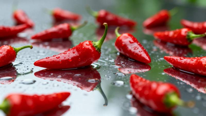 红辣椒水珠特写图片