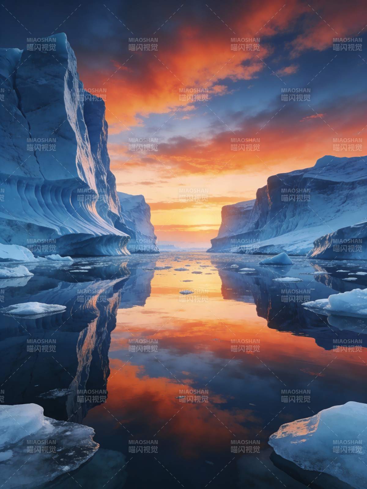 冰川日落倒影图片