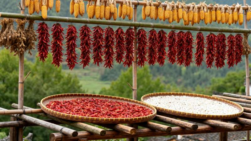 晒秋辣椒玉米图片
