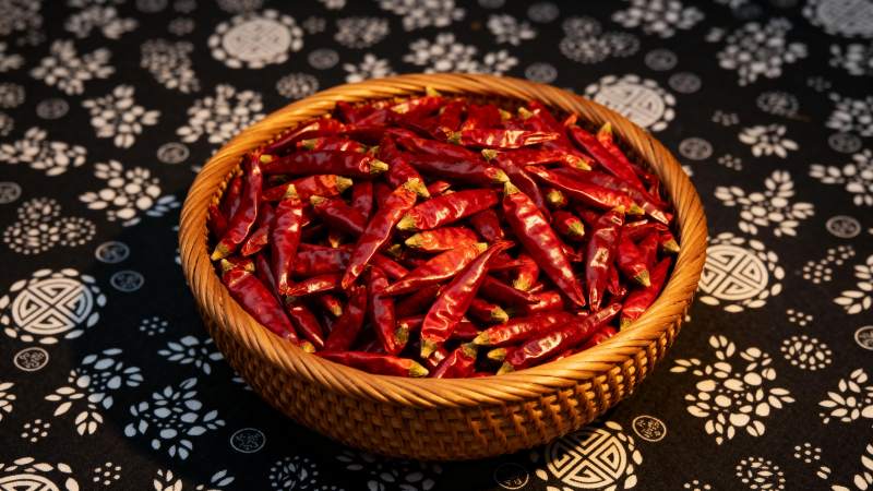 红辣椒盛于竹篮中图片