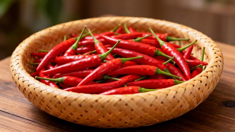 红辣椒盛于竹篮图片