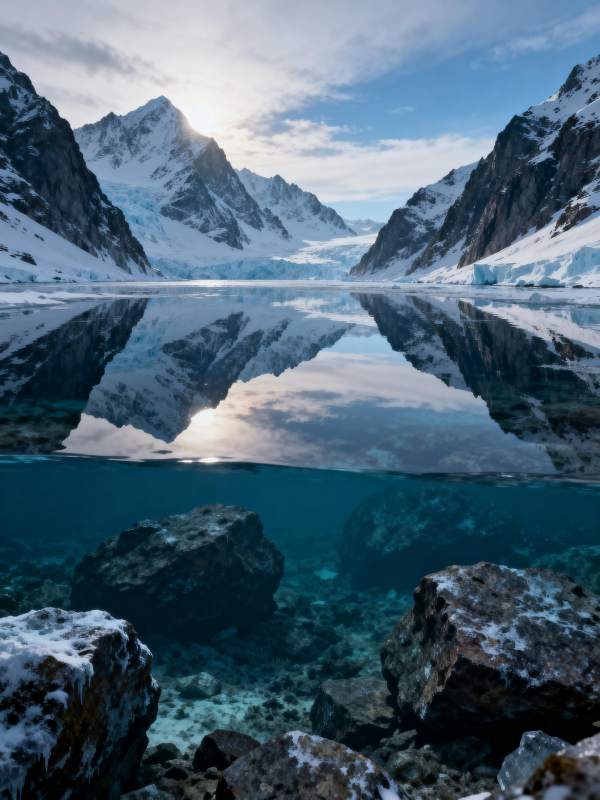 冰湖倒影山峦图片