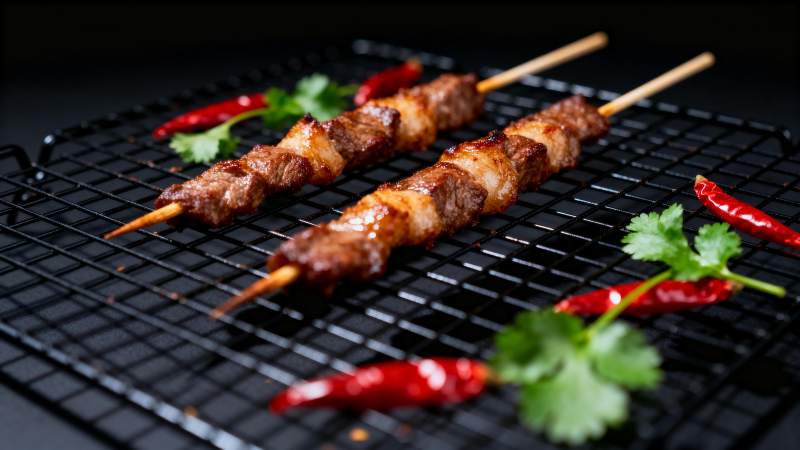 烤肉串配红椒香菜图片