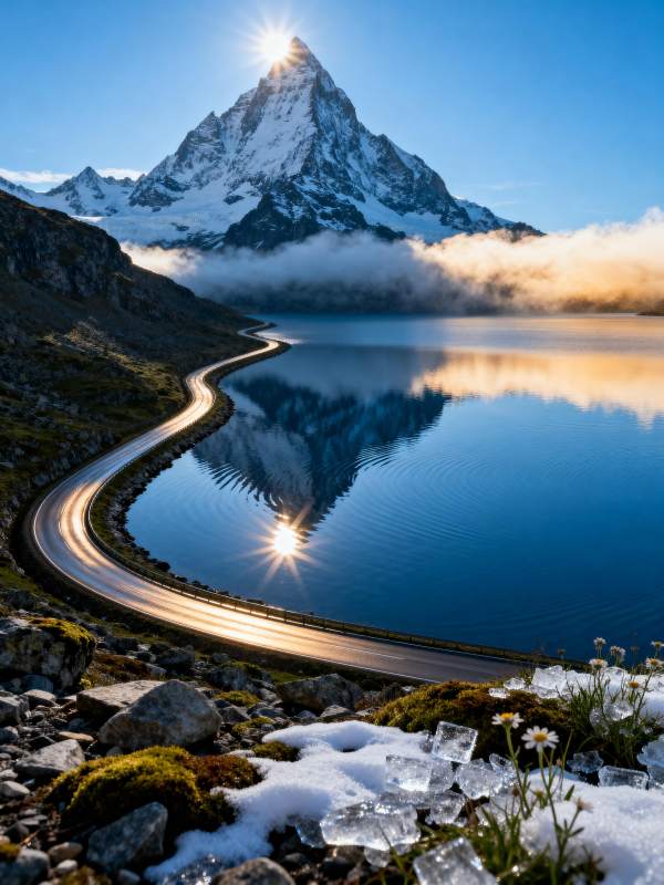雪山湖光映日辉图片