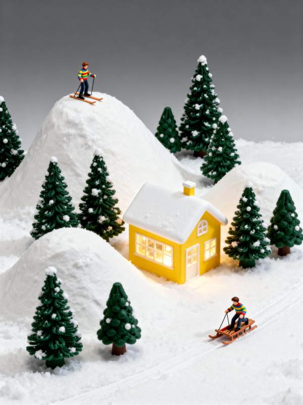 雪景小屋与滑雪人图片