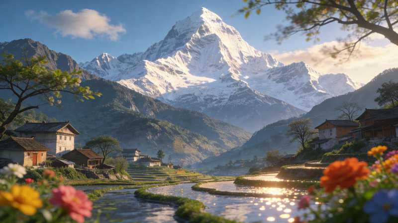 雪山花溪村景图片